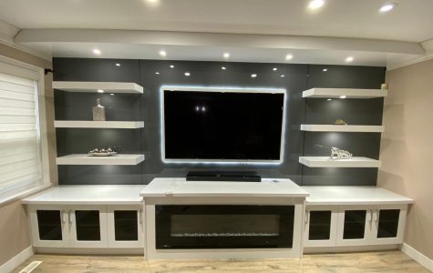 Efficient Kitchen Cabinets - Entertainment Unit, fireplace and custom shelves and cabinets